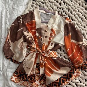 Silky Abstract Floral Tie-Waist Kimono Jacket - Brown, Cream & Orange